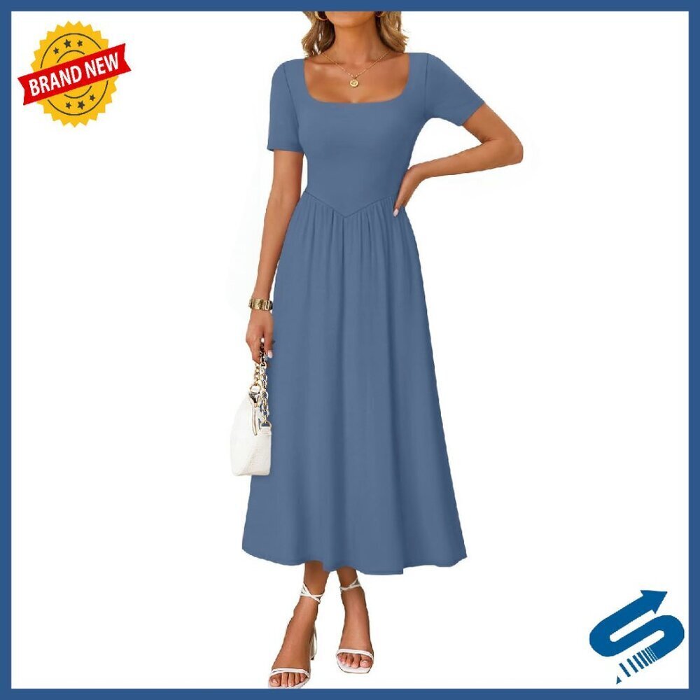Summer Square Neck Midi Dress Lightweight Flowy Cocktail Party